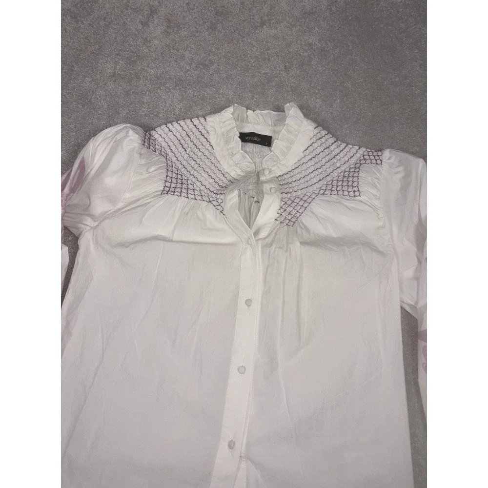 veroalfie‎ embroidered ruggle smocked blouse white Puff Sleeve Anthropologie 2